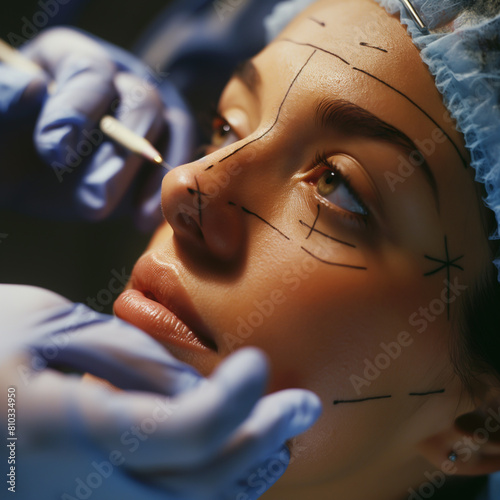 The image shows a woman having a cosmetic surgery on her face. The surgeon is drawing lines on her face to mark the areas where the surgery will be performed.