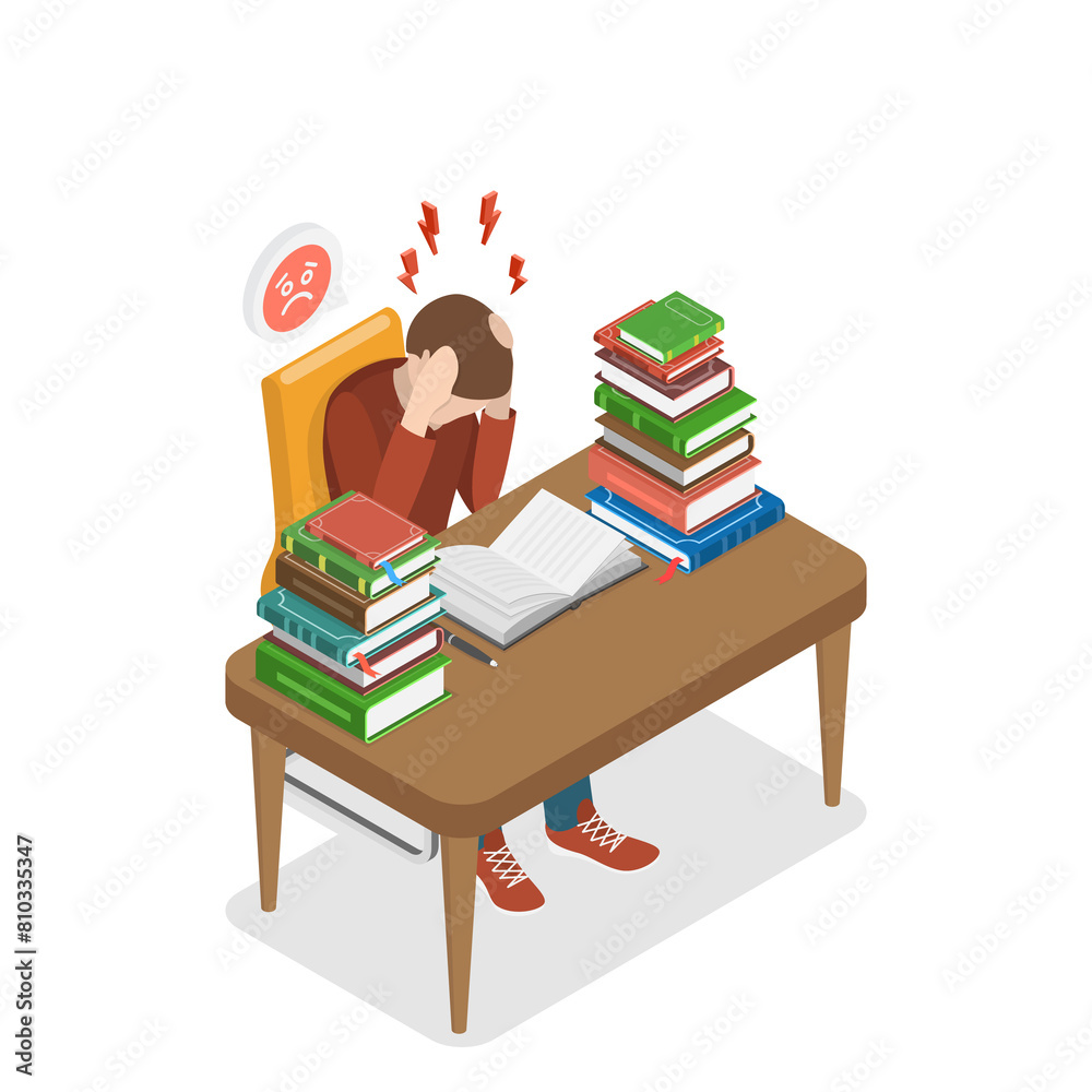 3D Isometric Flat Illustration of Stressed Student, Stressful Time in Study Process 3D Isometric Flat Illustration of Stressed Student, Stressful Time in Study Process