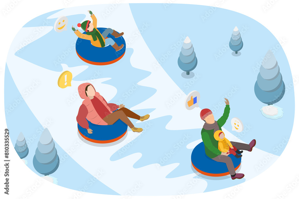 3D Isometric Flat  Illustration of Snow Tube At Winter Holiday, Wintertime Fun