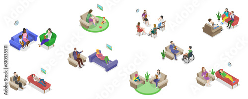 Canvas Print 3D Isometric Flat  Set of Psychotherapy Session Scenes, Mental Health