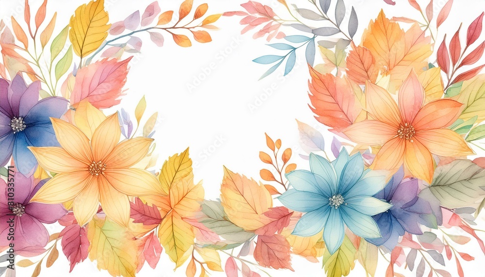 Pastel Watercolor Flower Frame with Hand-Painted Autumn Leaves - Cute Design for Templates, Weddings, and Fall Decorations