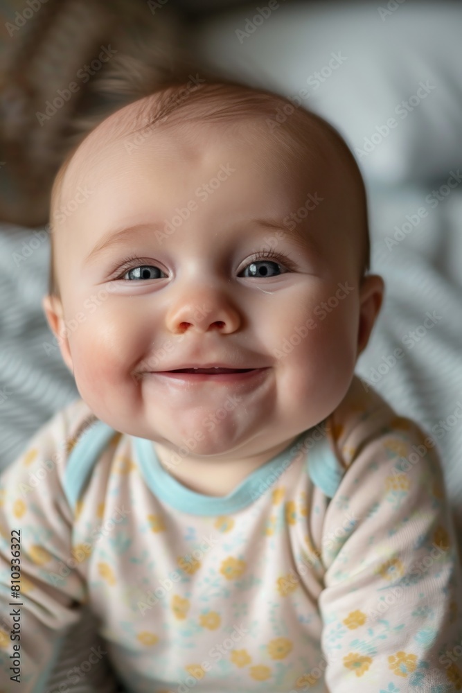 A portrait of a baby with a big smile. The cheeks are chubby and the eyes are crinkled. The baby is happy and content.