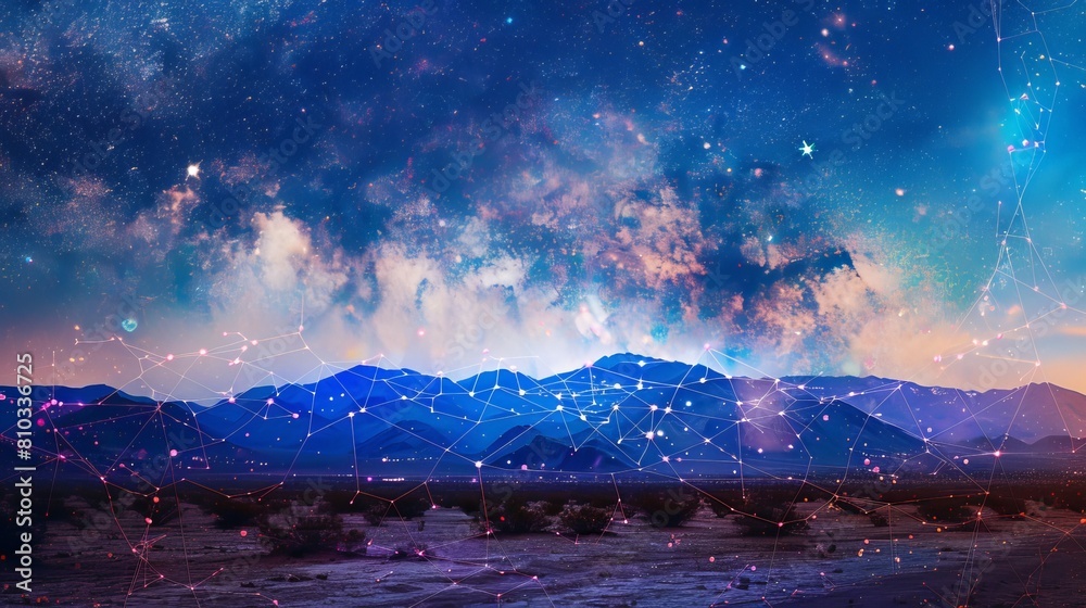 Desert Landscape and Starry Night Sky Double Exposure Telephoto View