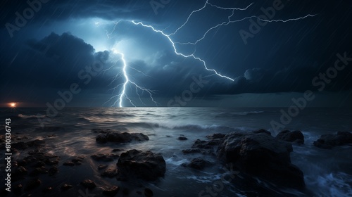 Dramatic Lightning Strike over a Rocky Ocean Shore at Night