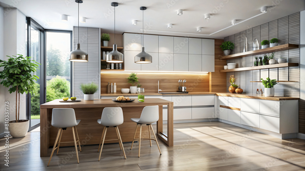 Contemporary Kitchen and Dining Room Interior with Modern Furniture and Wood Accents Contemporary Kitchen and Dining Room Interior with Modern Furniture and Wood Accents