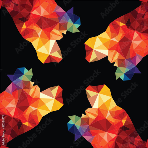 Conjunto de triángulos formando texturas en tonos brillantes creando un tache al centro.