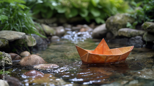 A small origami boat made of brown paper floating in a shallow stream. The boat is surrounded by rocks and moss.