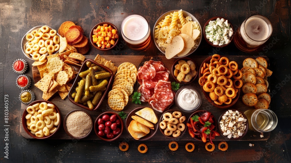 Fresh beer snacks assortment on wooden board