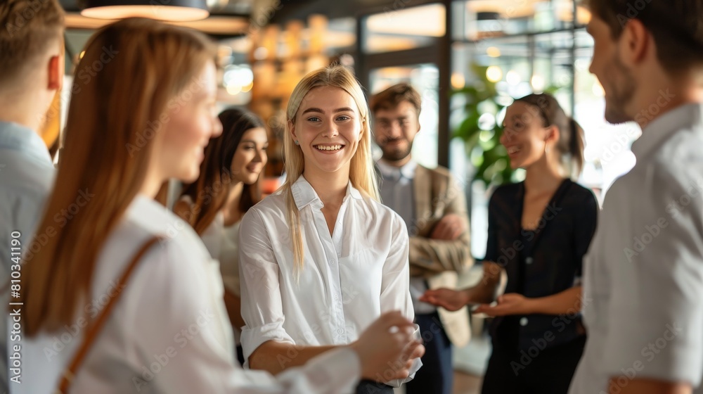 A business team welcoming a new member to the team, their faces warm and welcoming. The new member is smiling and looking around the room, feeling excited and nervous at the same time. A business team welcoming a new member to the team, their faces warm and welcoming. The new member is smiling and looking around the room, feeling excited and nervous at the same time.