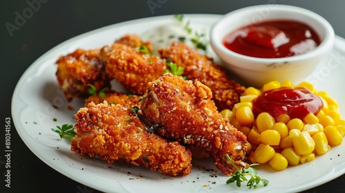 Breaded chicken wings with boiled corn and ketchup. Food on a white plate isolated on a black background