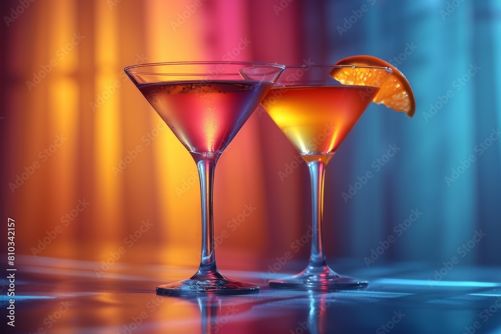 An enticing image showing two orange cocktails in martini glasses with a warm neon light ambiance