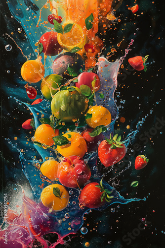 Colorful variety of fruits and berries with water splash on black background.