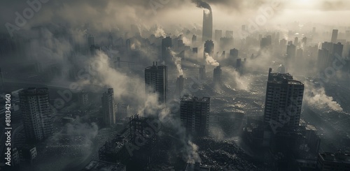 A cityscape in ruins, with smoke rising from the buildings. The sky is dark and ominous, and the air is thick with the smell of smoke and ash.