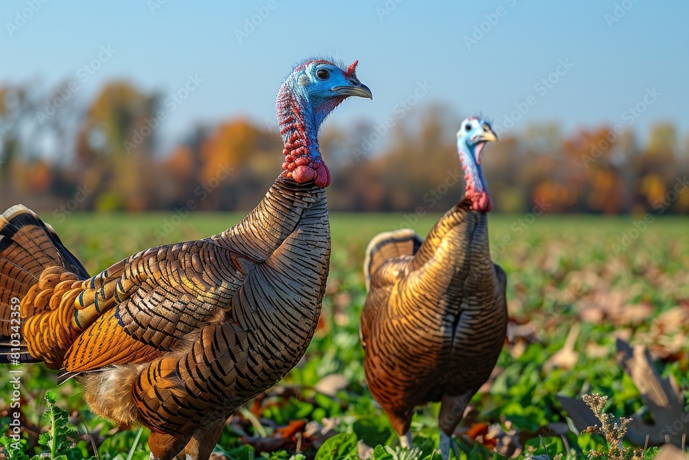 Artistic rendering of two decorative turkey figures in a field with autumn foliage in the background Artistic rendering of two decorative turkey figures in a field with autumn foliage in the background