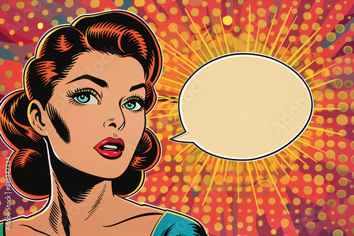 Develop a comic book panel using a pop art-inspired design, featuring a character on a vibrant, vintage-style background, emphasizing an empty speech bubble as the focal point.