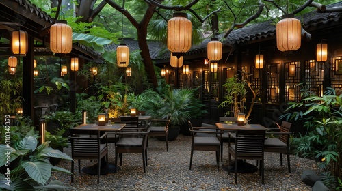 Tranquil Outdoor Asian Restaurant at Night