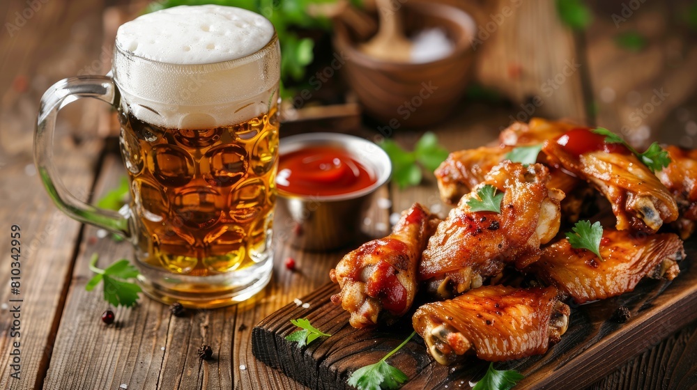 Tasty chicken wings, mug of beer and ketchup on wooden table. Delicious snack Tasty chicken wings, mug of beer and ketchup on wooden table. Delicious snack