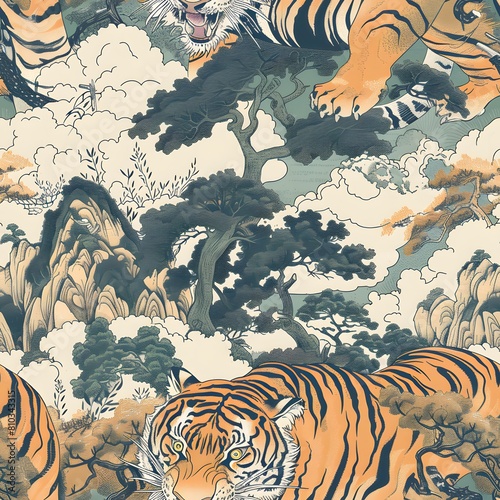 seamless pattern of Japanese ukiyo-e hand drawing illustration of tigers in mysterious and misty forest for fabric design, art print, textiles, wallpaper, and more