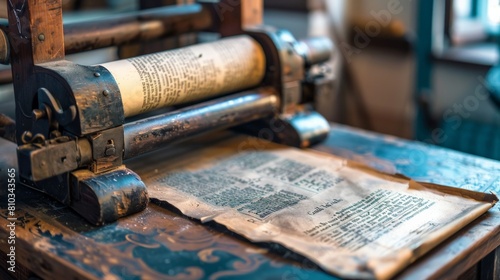 A close-up of a book page from a history textbook. The page is about the invention of the printing press. The page is illustrated with a picture of a printing press.