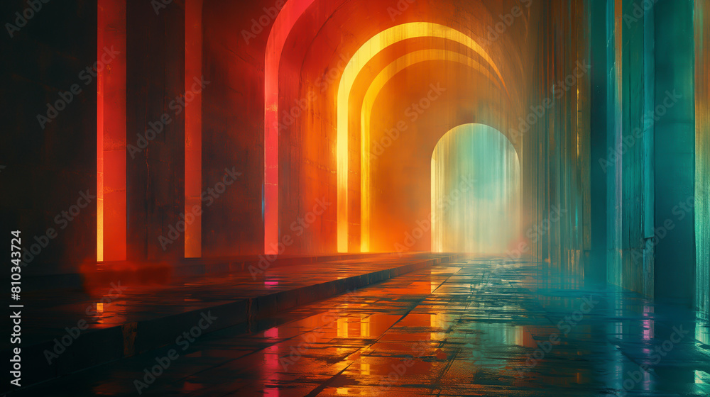 The image is a long, dark hallway with multiple archways along the sides The image is a long, dark hallway with multiple archways along the sides