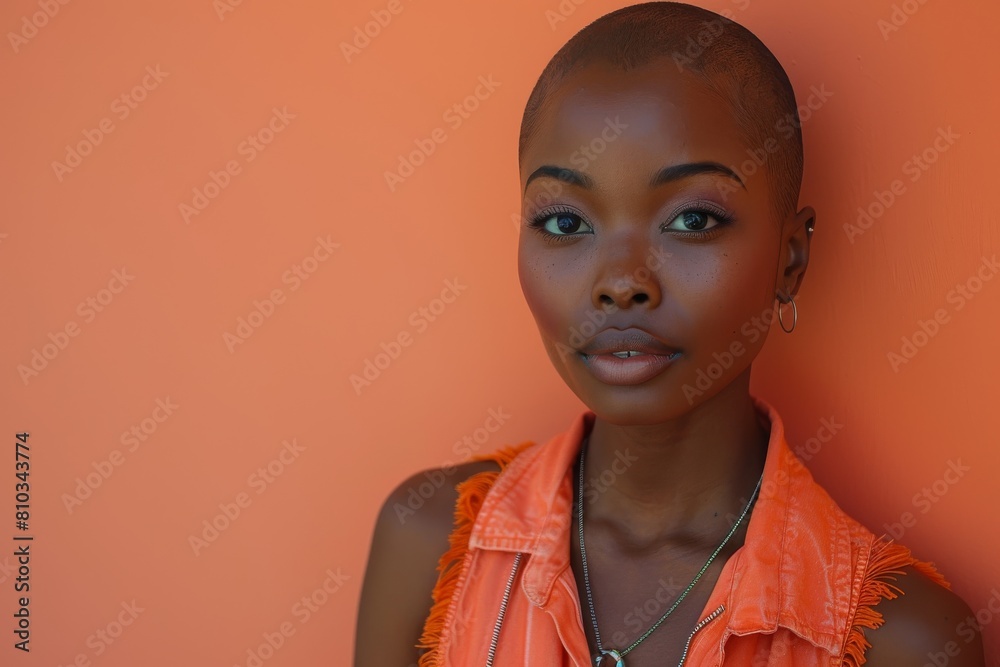 A close-up portrait of a bald woman with large eyes and earrings against an orange background A close-up portrait of a bald woman with large eyes and earrings against an orange background