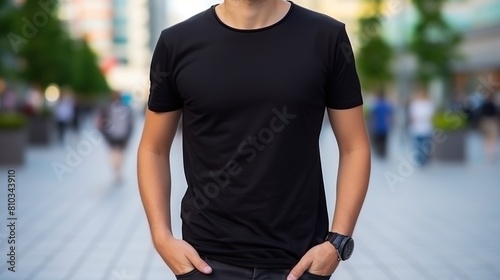 potrait man wearing casual black shirt standing outdoors. Front look. Retail concept. mock up photo