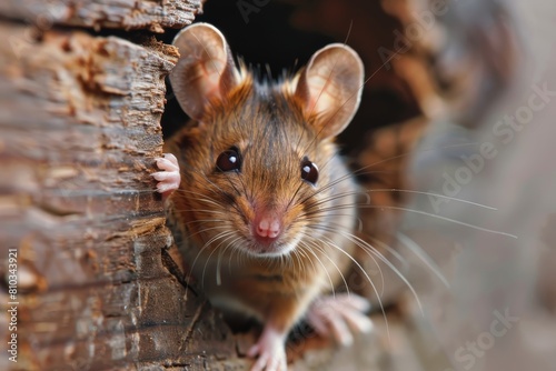 Mouse peeking from hole in old wooden wall