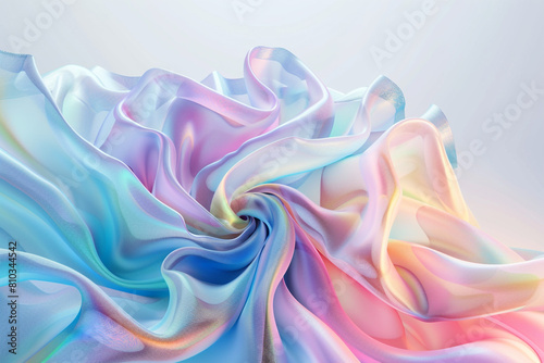 Gradient fabric in pastel colors, liquid glass collected in layers, moves and shimmers on a light background. Abstract animation of rainbow hue flower shaped fabric, 3D futuristic motion design 4K photo