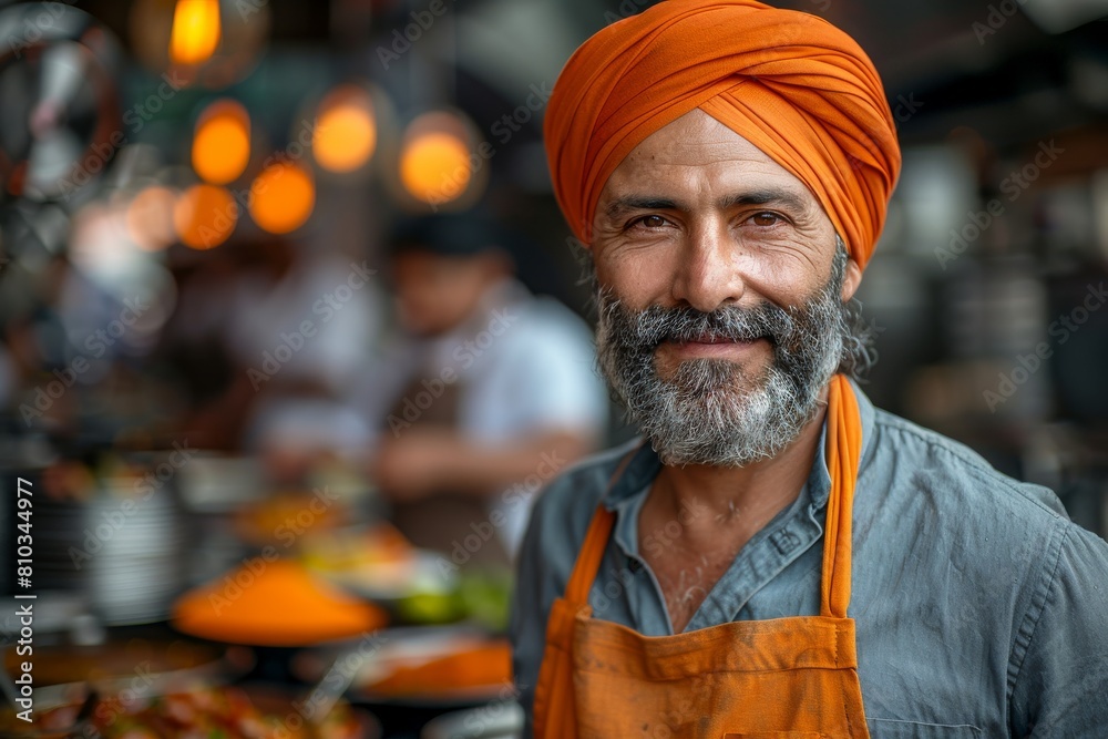 A warmly smiling chef sports an orange turban, reflecting a blend of culinary skill and cultural heritage A warmly smiling chef sports an orange turban, reflecting a blend of culinary skill and cultural heritage
