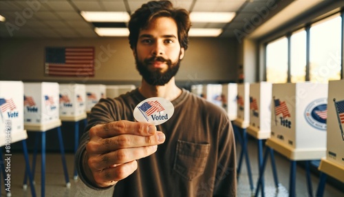 Proud voter on Election Day, displaying an 'I Voted' sticker as a symbol of civic duty