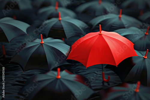 Leader in the Crowd Concept, Red Umbrella Sneaks Up Against the Flow of Black Umbrellas. Beautiful 3d Animation, 4K