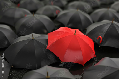 Leader in the Crowd Concept, Red Umbrella Sneaks Up Against the Flow of Black Umbrellas. Beautiful 3d Animation, 4K