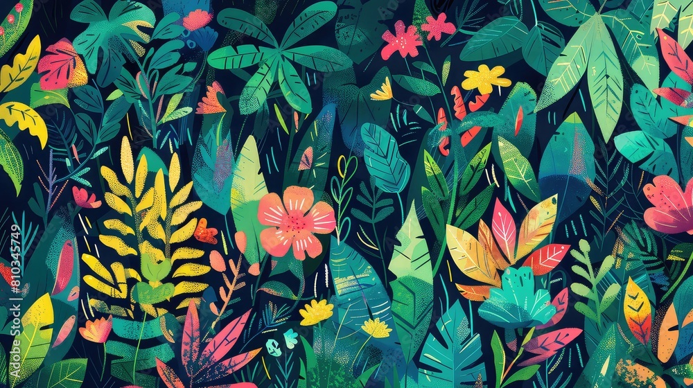 Drawing of palm leaves and flowers in a modern style, tropical print pattern on a black background, cod art botanical design, bright colors. Generative AI Drawing of palm leaves and flowers in a modern style, tropical print pattern on a black background, cod art botanical design, bright colors. Generative AI