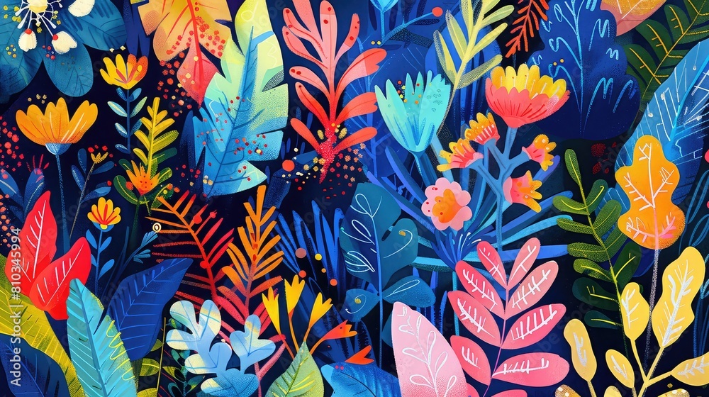 Drawing of palm leaves and flowers in a modern style, tropical print pattern on a black background, cod art botanical design, bright colors. Generative AI Drawing of palm leaves and flowers in a modern style, tropical print pattern on a black background, cod art botanical design, bright colors. Generative AI
