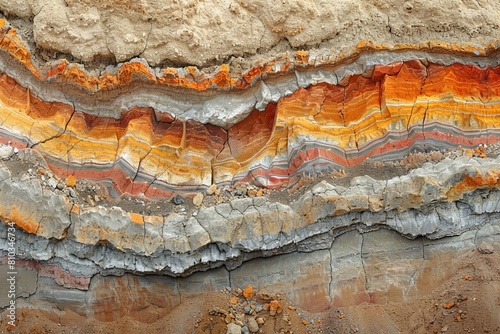 A geological cross-section showcasing stratified rock layers with orange and grey bands, revealing earth's historical layers photo