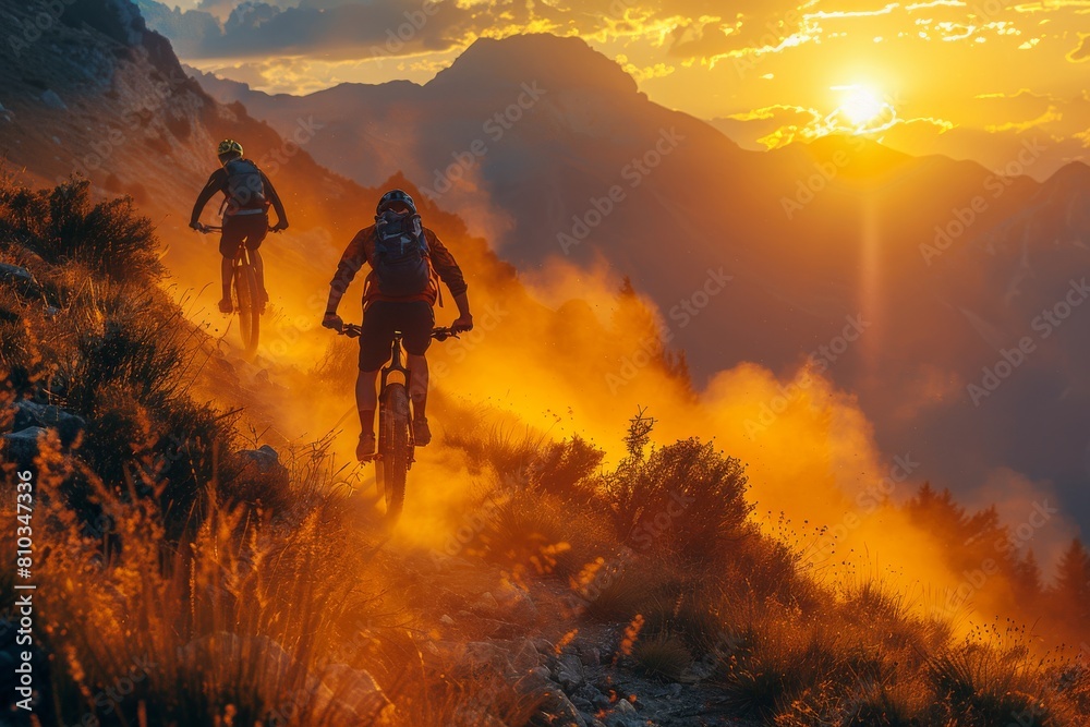 Fototapeta premium Two mountain bikers descending a dusty trail at sunset with bright sun and mountain background