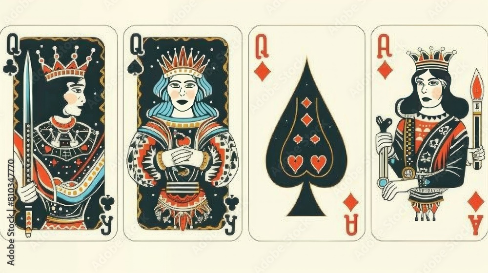 The Queen of Spades playing cards have a clean background, illustration style, and bright colors AI generated