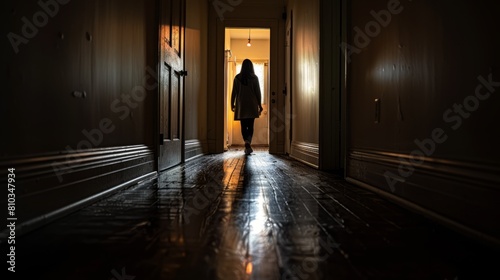 In the darkness of the hallway The view stretched towards the bedroom door.
His silhouette stood against the glowing threshold, as if the person was irresistibly attracted. photo