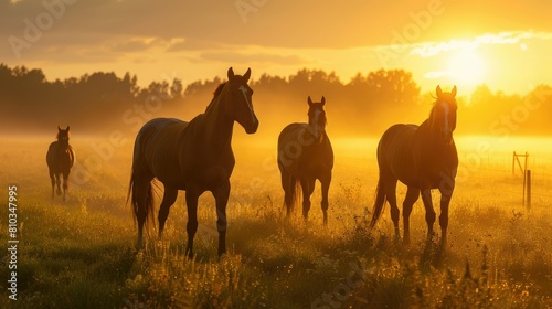 Thoroughbred horses walking in a field at sunrise AI generated