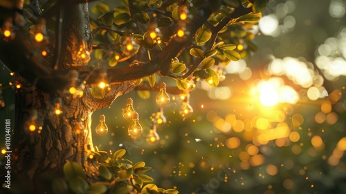 A tree with light bulbs growing. a sun shines overhead. AI generated