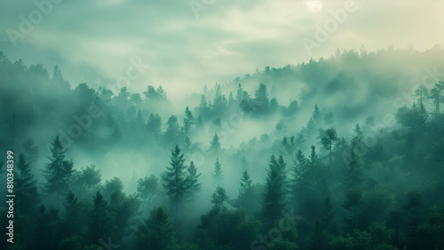 Enchanting Misty Forest Landscape at Sunrise - Mysterious, Ethereal Nature Scenery Serene Background, 8k Wallpaper High-resolution digital art