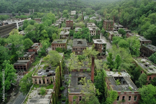 A city with many abandoned buildings and a lot of trees
