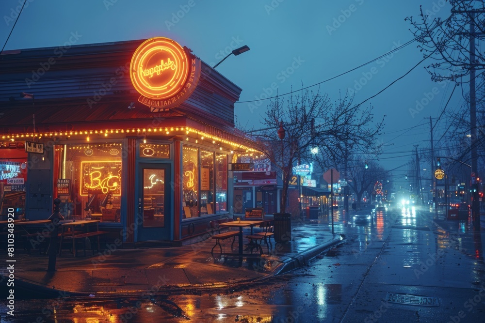 Fototapeta premium Vibrant red car parked beside a neon