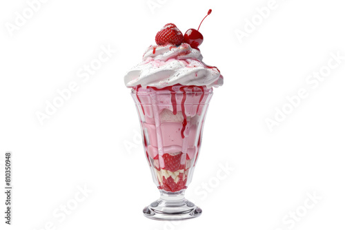 A pink ice cream sundae with whipped cream and cherry on top, illustrations, clipart, isolate transparent background.