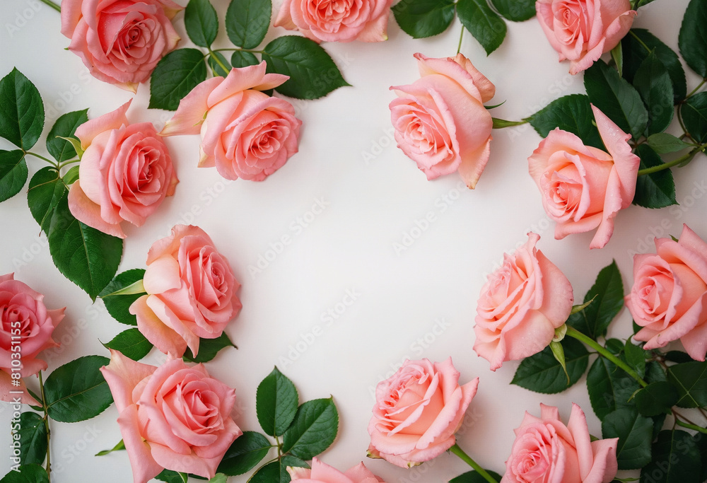 Seamless pattern frame of pink roses on white background. Flat lay composition with top view for design and print, floral wallpaper and textile concept. Seamless pattern frame of pink roses on white background. Flat lay composition with top view for design and print, floral wallpaper and textile concept.