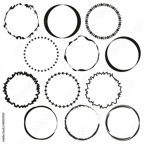 Assorted vector frames set. Circular decorative borders. Unique geometric shapes. Black circle variety.