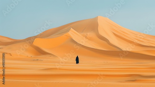 Craft a simple yet powerful long shot portraying a lone figure in a vast desert landscape Use a minimalist approach with soft