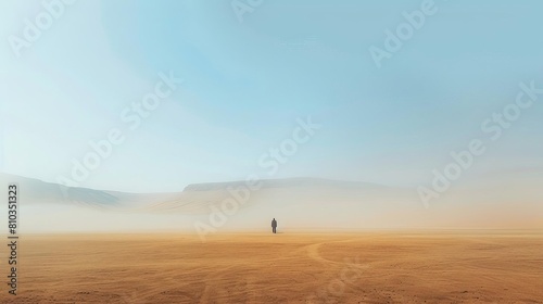Craft a simple yet powerful long shot portraying a lone figure in a vast desert landscape Use a minimalist approach with soft