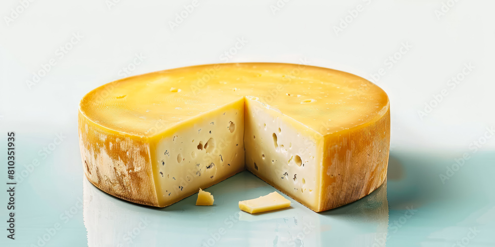 Fototapeta premium gourmet cheese wheel cut open on a reflective surface