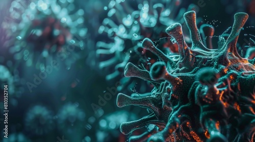 A close-up of a virus, showing its structure and how it replicates. The virus is a threat to humanity, and scientists are working to find a way to stop it.